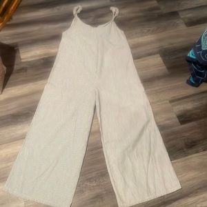 Maternity pants romper. Blue and white seersucker. Wide leg.